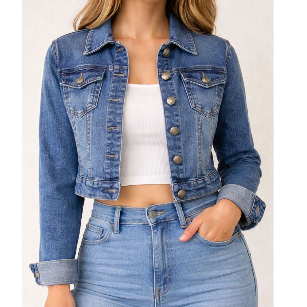 Y2K Cropped Denim Jacket Highway Jeans Fitted Blue Trucker Small